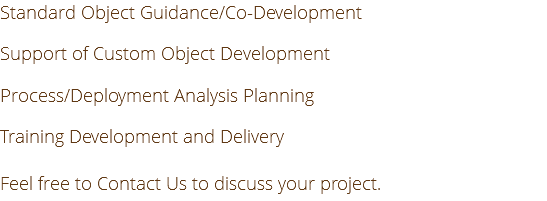 Standard Object Guidance/Co-Development Support of Custom Object Development Process/Deployment Analysis Planning Training Development and Delivery Feel free to Contact Us to discuss your project.