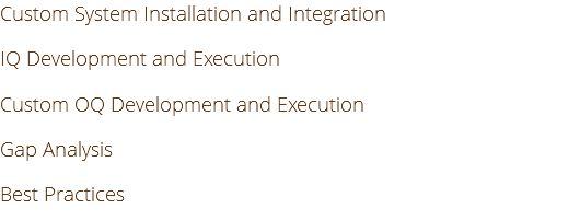 Custom System Installation and Integration IQ Development and Execution Custom OQ Development and Execution Gap Analysis Best Practices